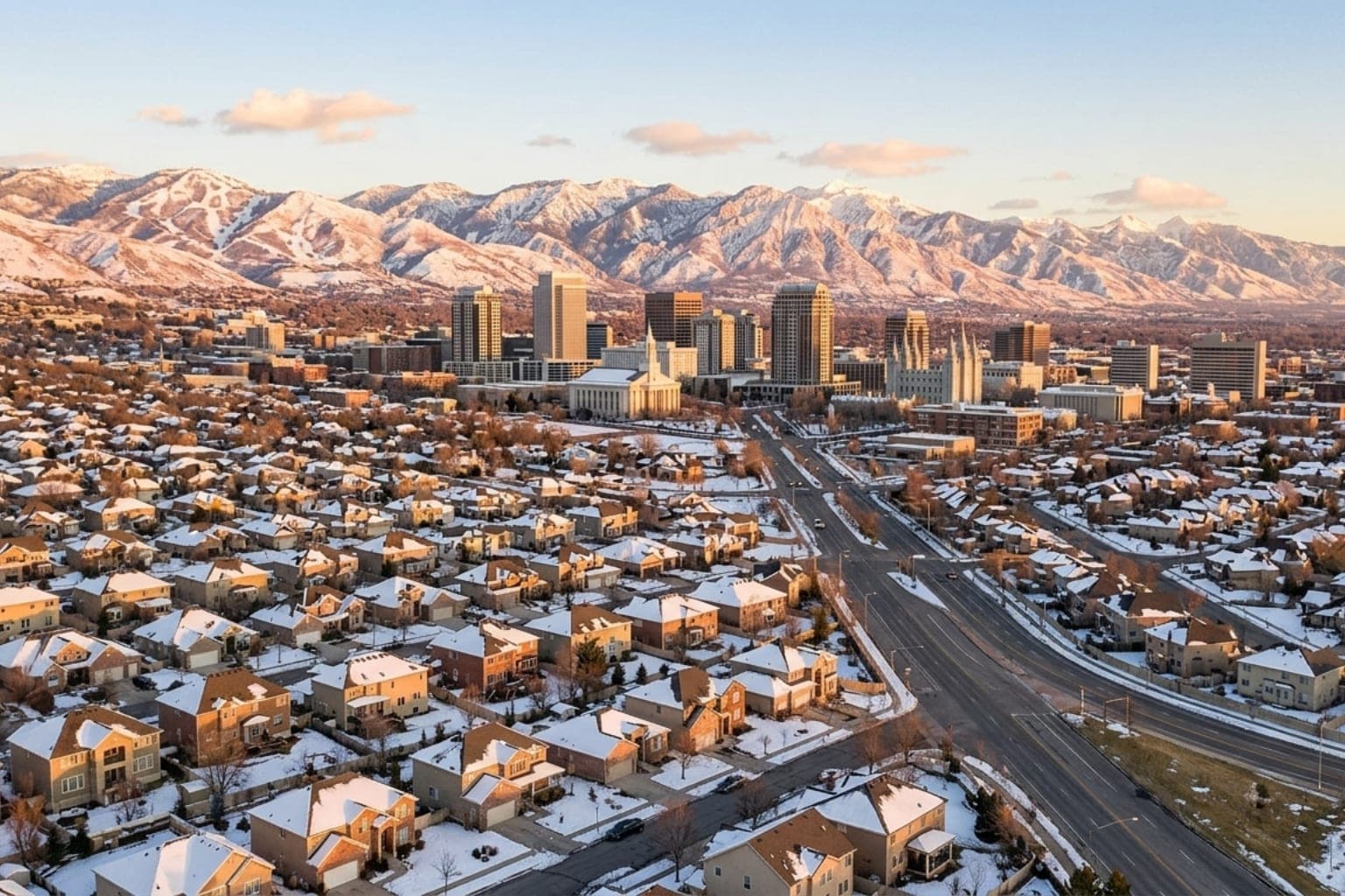 Sunrise aerial view of snow-dusted Salt Lake Valley homes below the Wasatch Range, served by licensed Utah furnace technicians