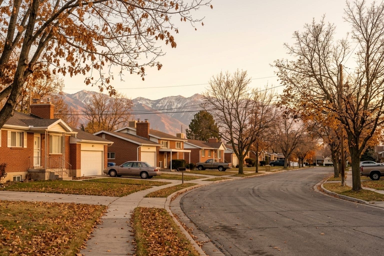 Autumn residential block similar to Riverton, Utah during the pre-winter furnace installation season
