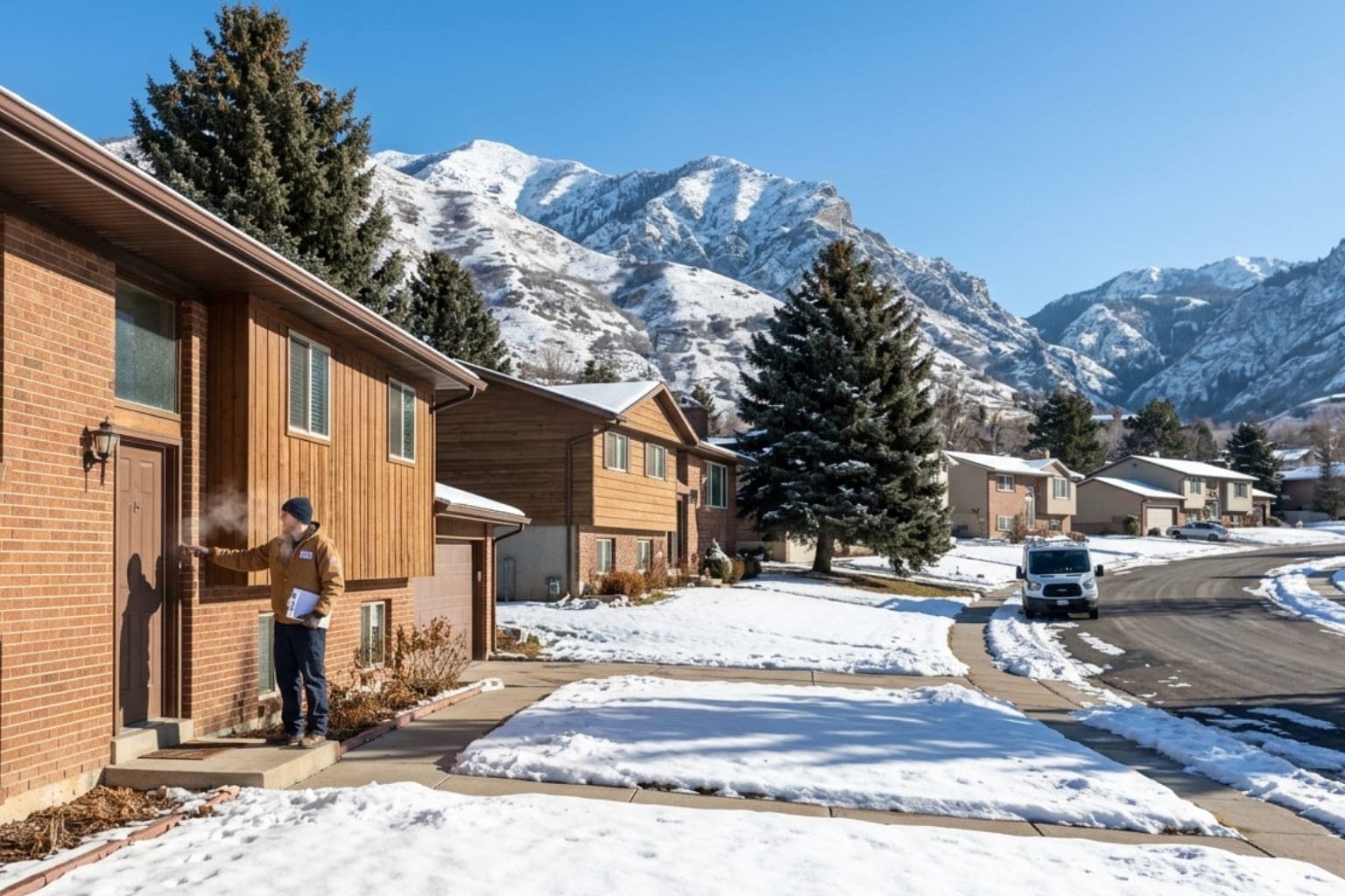 Bountiful, Utah foothill neighborhood with mature pines and a heating service van parked at a home