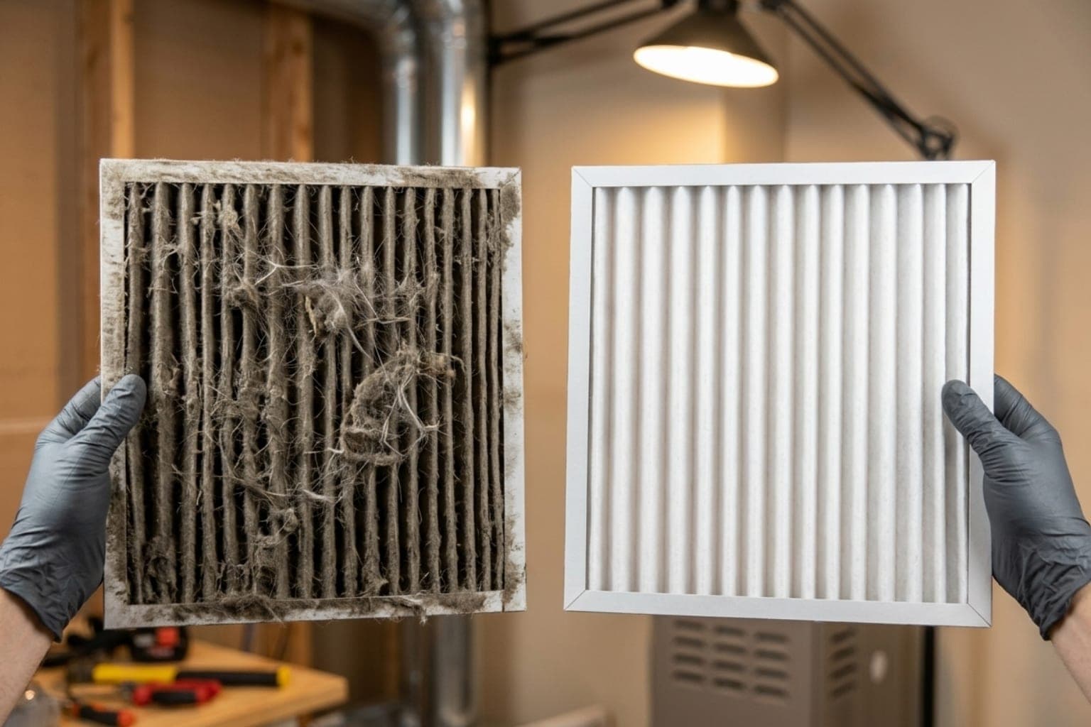 Gloved HVAC technician holding a clogged furnace filter next to a fresh pleated replacement filter