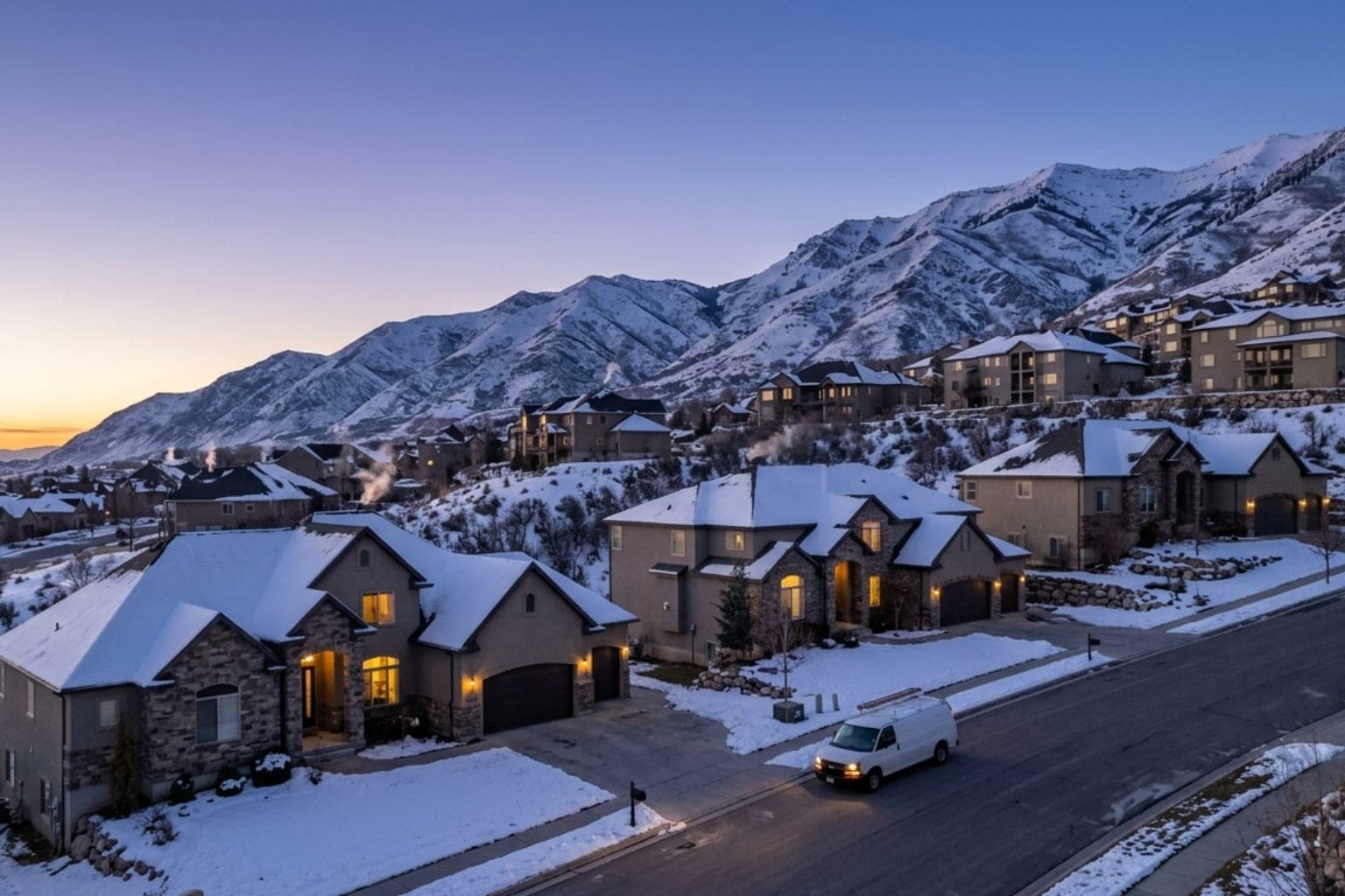 Hillside Suncrest community homes in Draper, Utah lit up at dusk below the Wasatch mountains