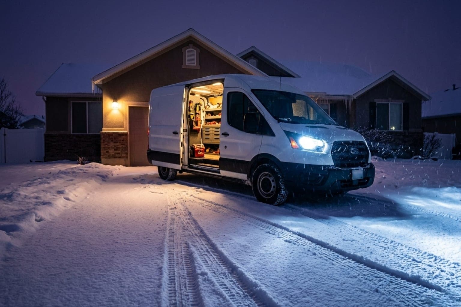 Emergency heating service van with lights on parked at a snow-covered Utah home on a freezing night