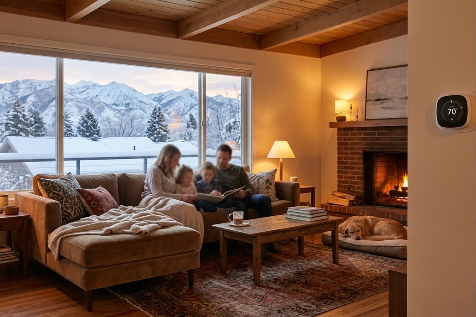 Utah family relaxing beside a fireplace and smart thermostat with Wasatch mountains framed through the window