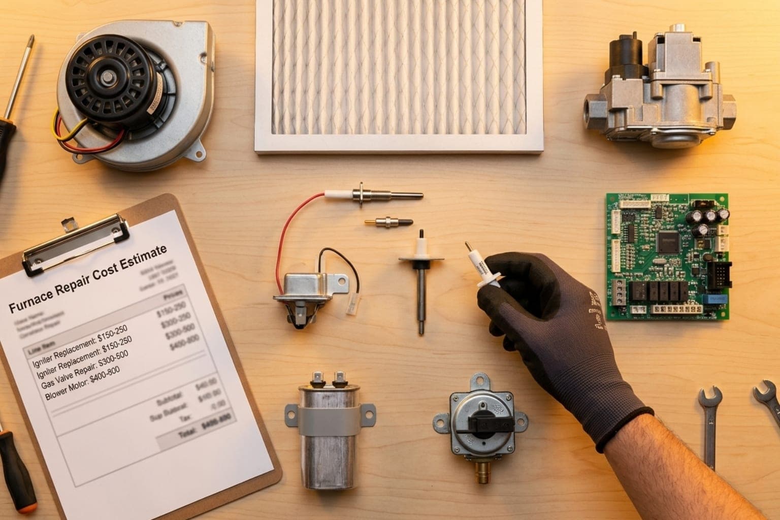 Midvale, Utah furnace repair technician's parts tray and printed cost estimate ready for a service call