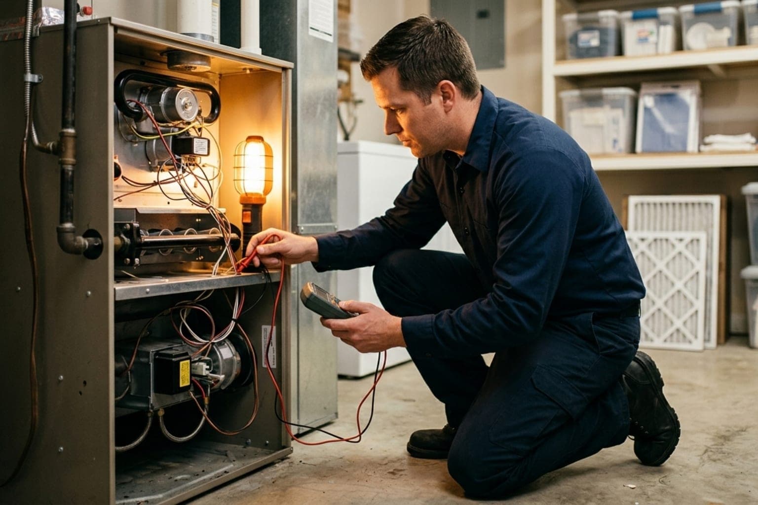 Sandy, Utah heating technician troubleshooting a residential furnace with a work light in the basement