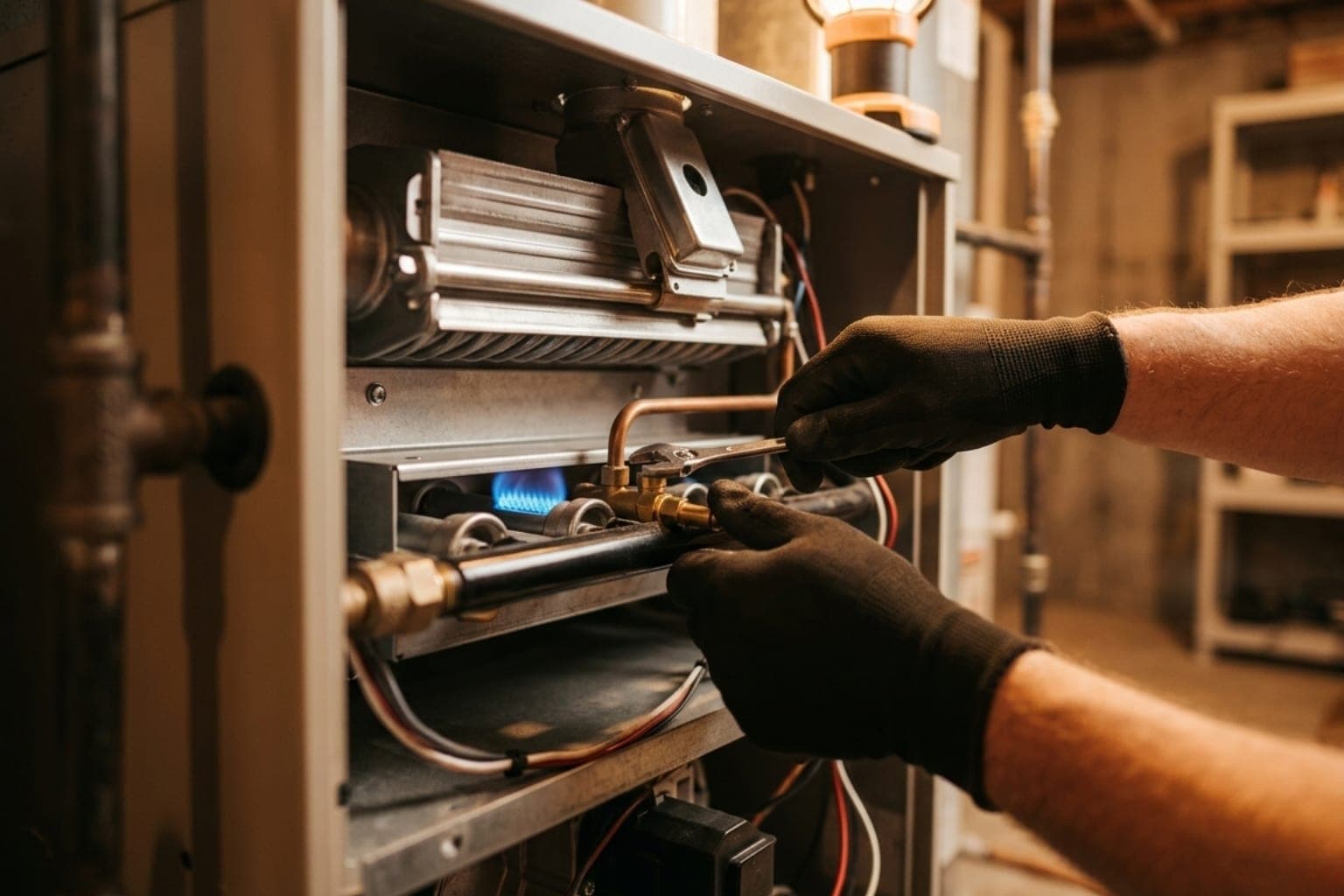 Closeup of gloved technician hands inspecting the gas burner assembly of a residential furnace