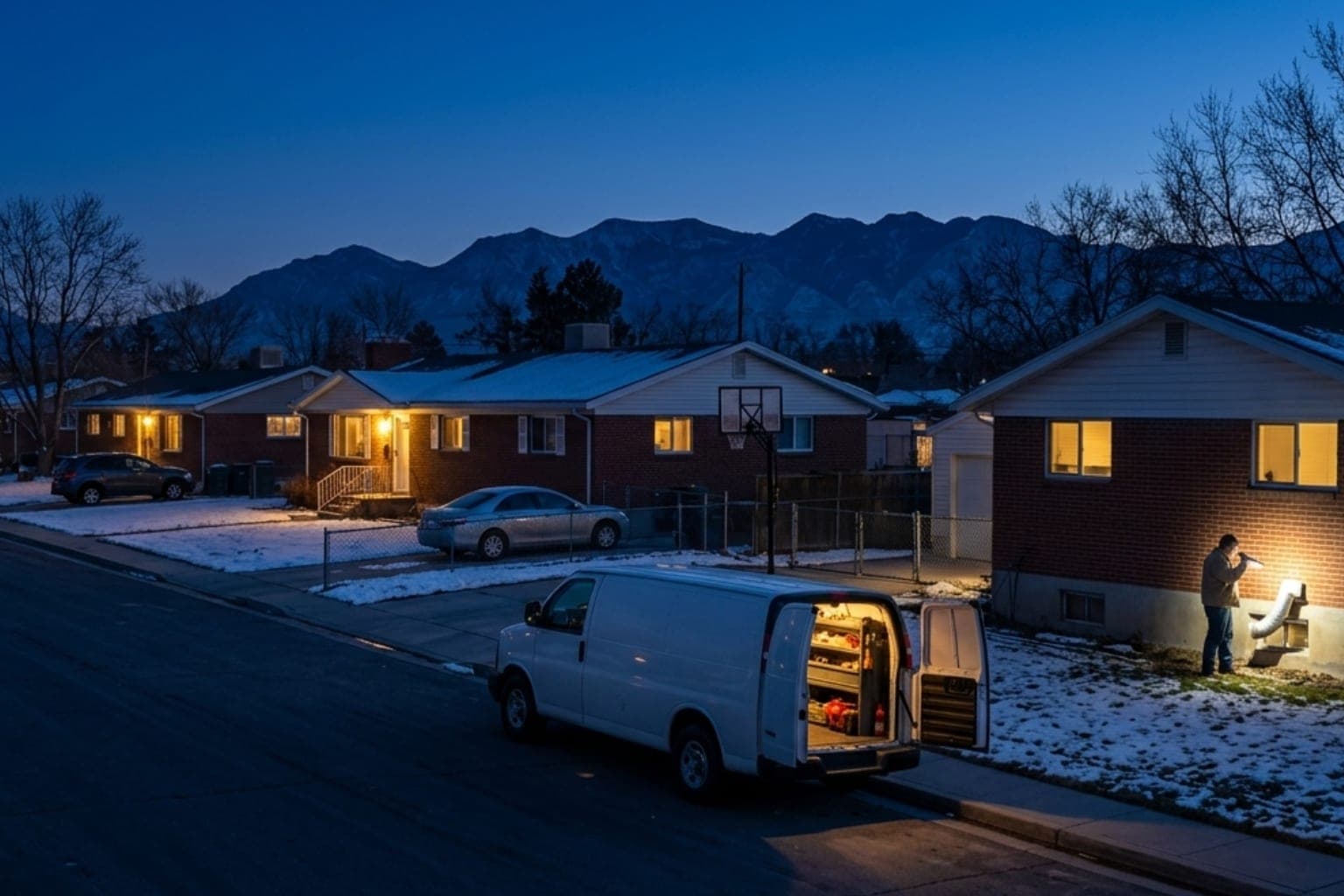 Herriman, Utah residential street at night with lit homes and a heating service van on call