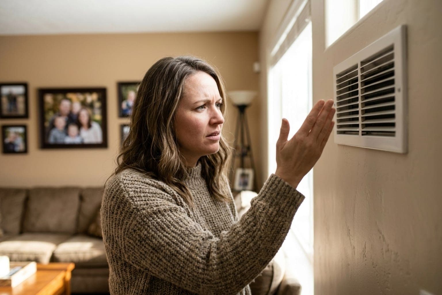 Concerned Utah homeowner holding a hand to a supply vent checking for cold air from a failing furnace