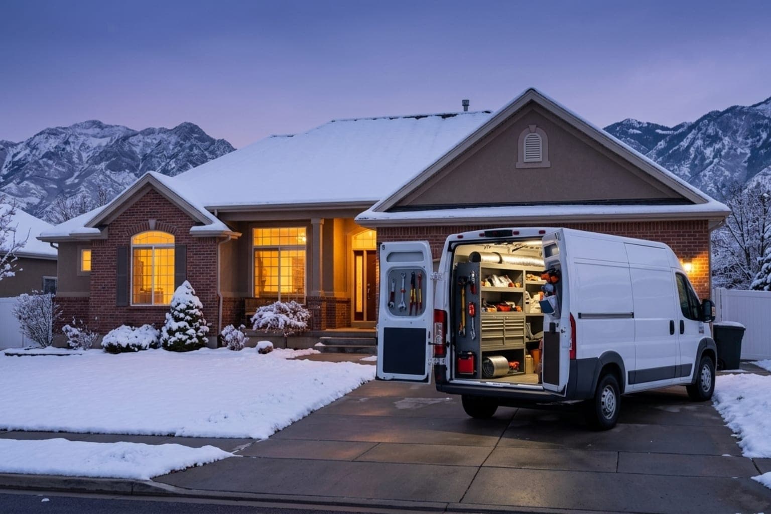 Heating contractor service van parked in front of a snow-covered Utah home at dusk after arrival