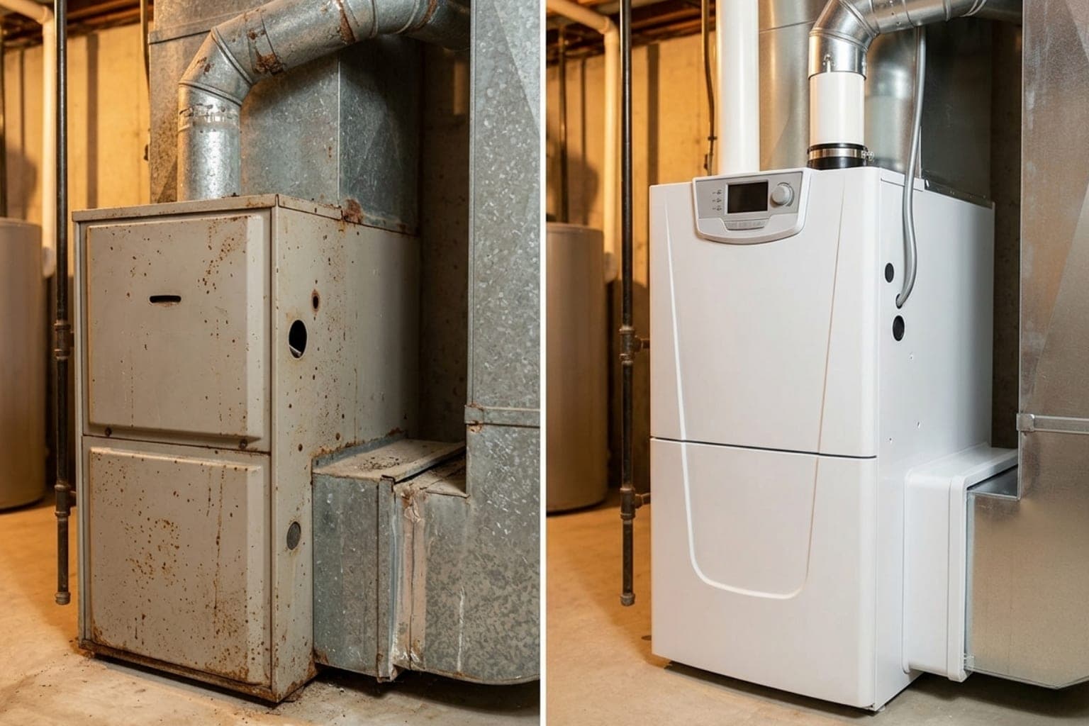 Side-by-side comparison of a rusted older residential furnace and a new high-efficiency replacement furnace