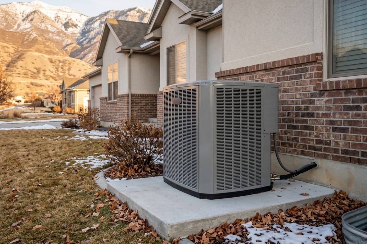Layton, Utah residential heat pump condenser outside a brick home during a fall heating tune-up visit