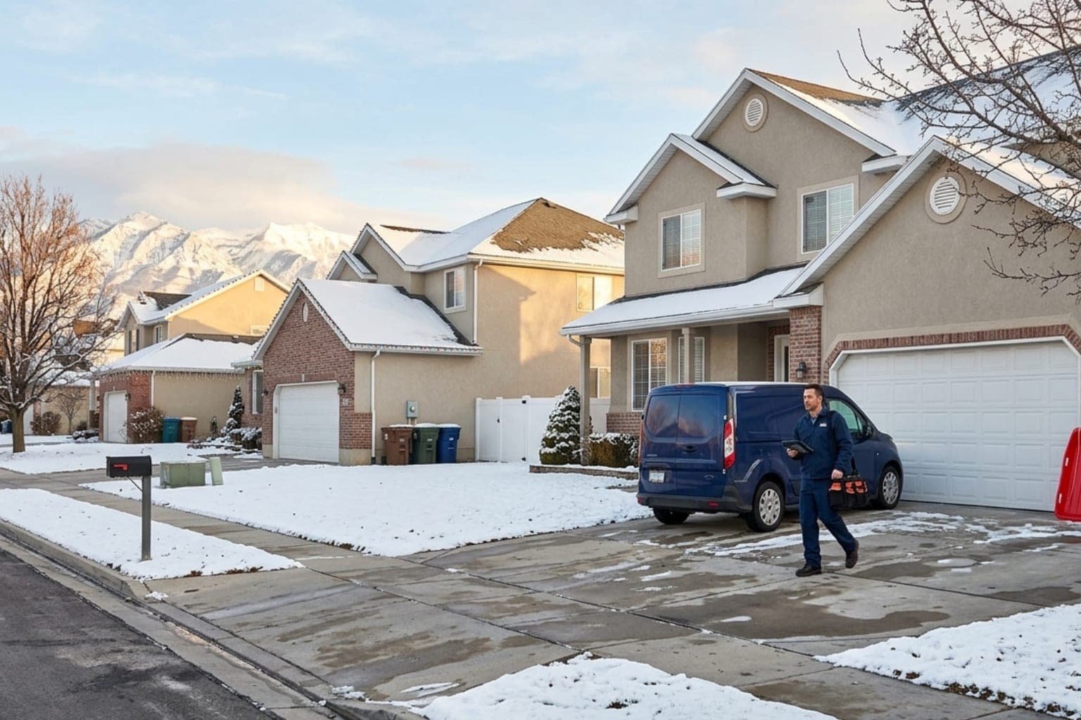 Two-story homes in Riverton, Utah with the Oquirrh mountains glowing under early winter light