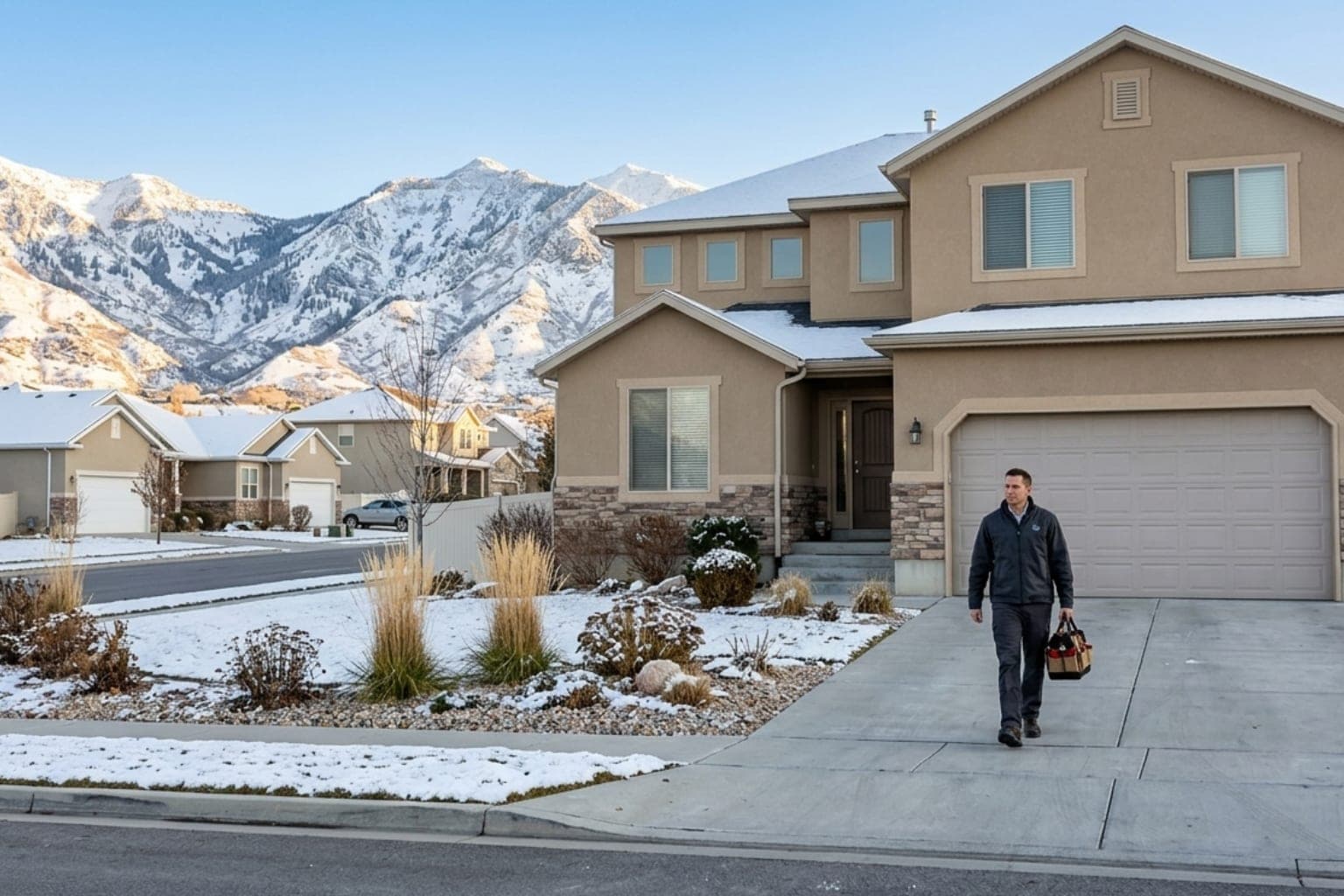 Modern stucco home in Sandy, Utah sitting below the snowcapped Wasatch foothills at golden hour