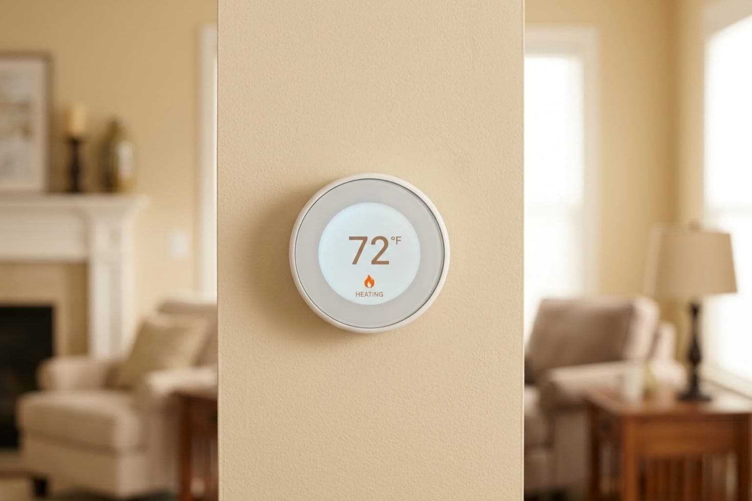 Smart wall thermostat set to 72 degrees in heating mode inside a cozy Utah living room