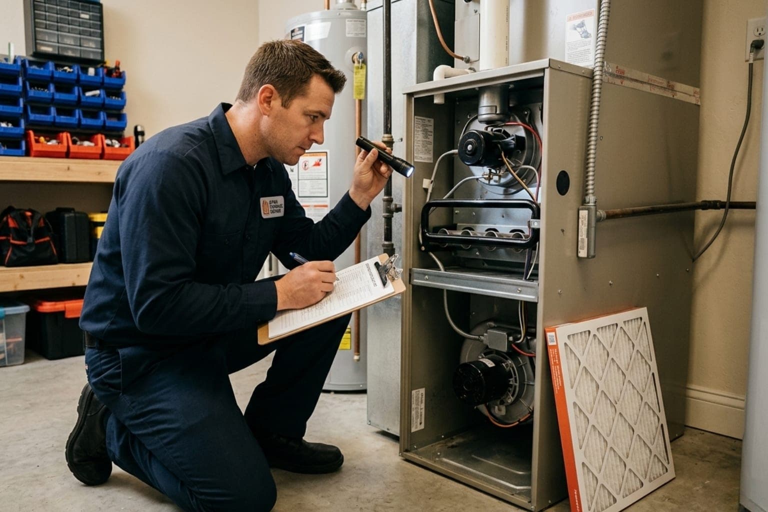 Heating technician kneeling with a clipboard and flashlight during a 21-point annual furnace inspection