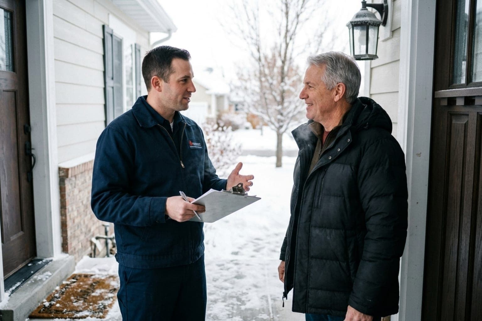 Friendly Utah heating technician greeting a homeowner at the front door with a service clipboard in hand