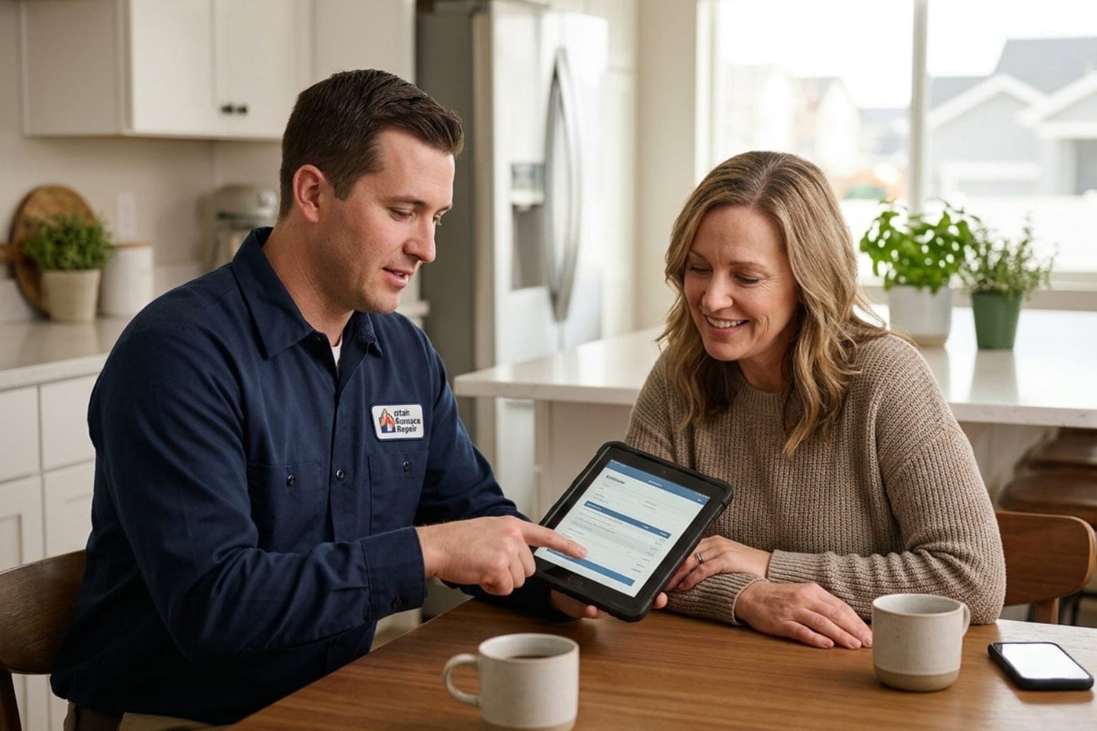 Utah HVAC technician walking a homeowner through a repair estimate on a tablet at the kitchen counter